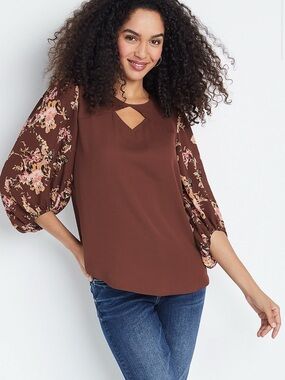 Women's Brown Floral-Sleeve Keyhole Blouse Size XL